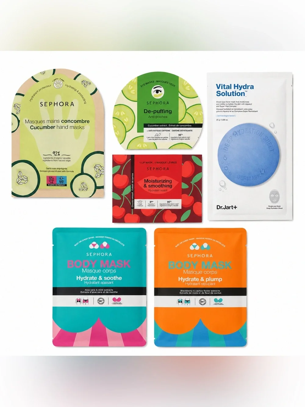Dr. Jart & Sephora Body & Face Mask Set: Face Eyes Lips Hands Body Masks(2)